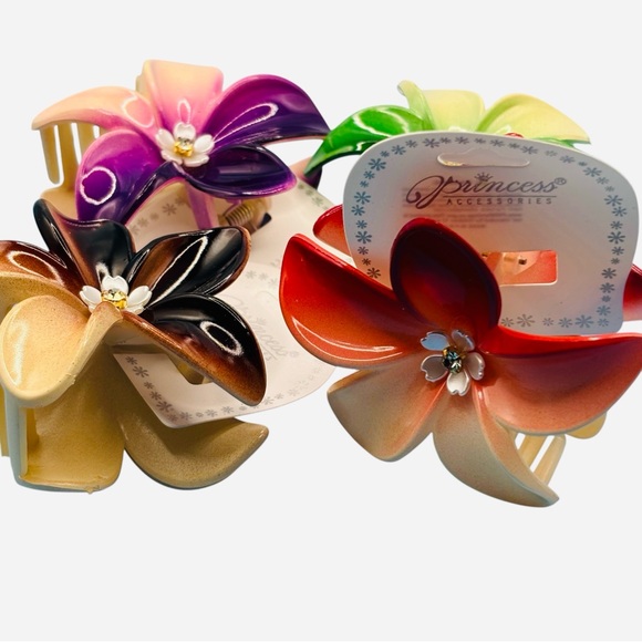 Vibrant Floral Hair Clips Set - Red, Purple, Green, Brown - Picture 3 of 3